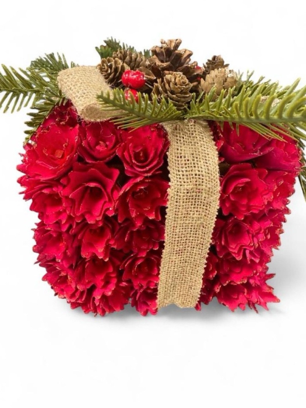 Red Holiday Faux Floral Decorative Gift Box with Pine and Burlap Bow